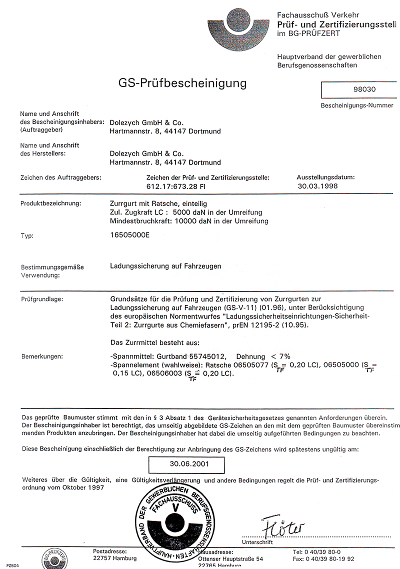 德国多来劲吊索具德国交通运输协会证书